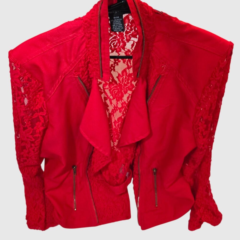 Rare Ashley Stewart Red Lace Jacket Blazer Back Sleeves Asymmetrical Zip 18/20